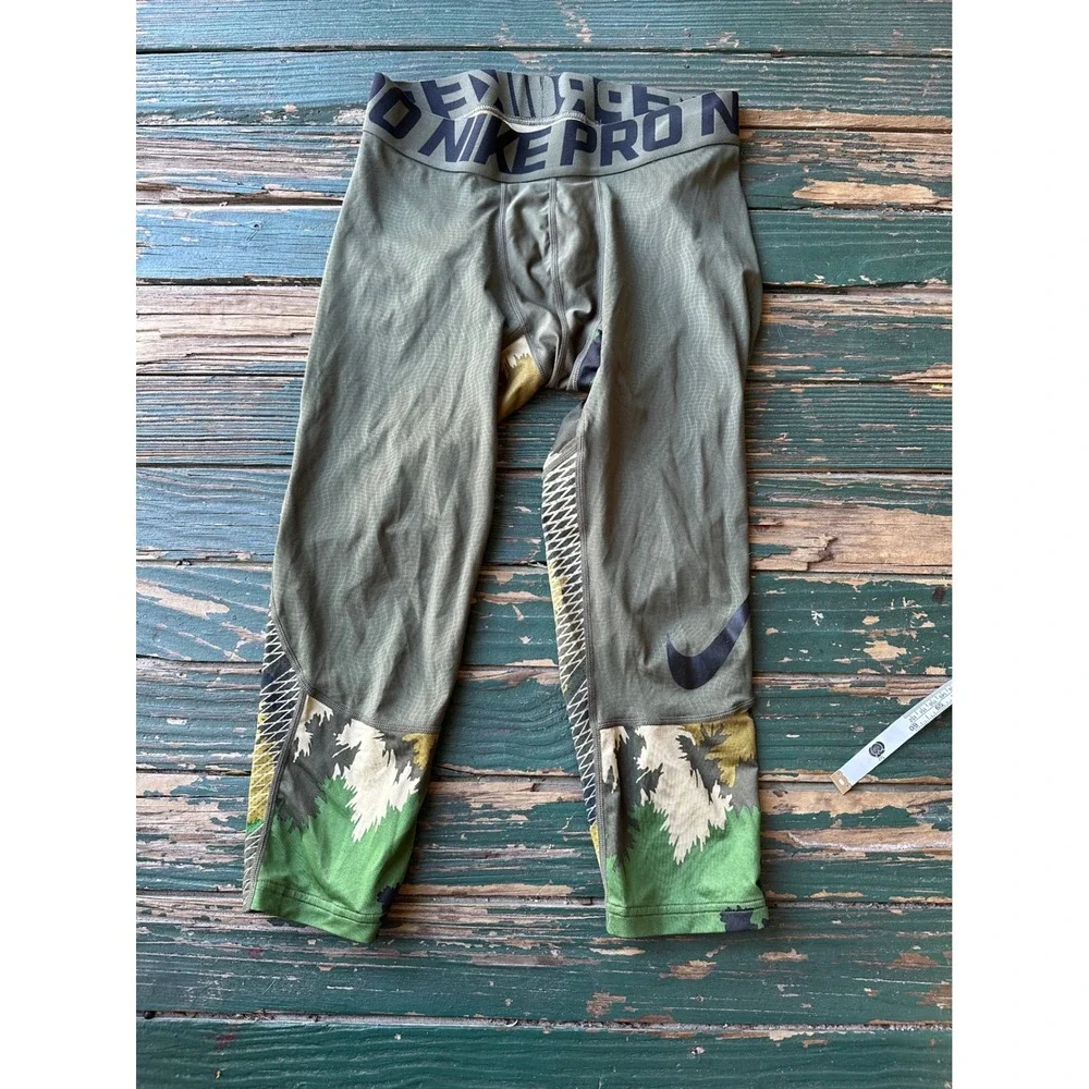 Nike Pro Mens 3/4 Compression Tights Olive Green Camo Training Leggings A3399